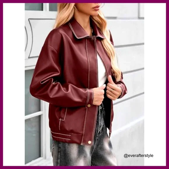 Faux Leather Motorcycle Jacket Oversized Bomber Zip Up Trendy Fall Winter